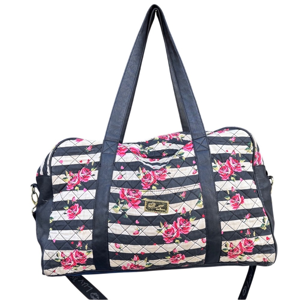 Luv Betsey Johnson Quilted‎ Floral Stripe Weekender Duffle Bag Black Pink Rose